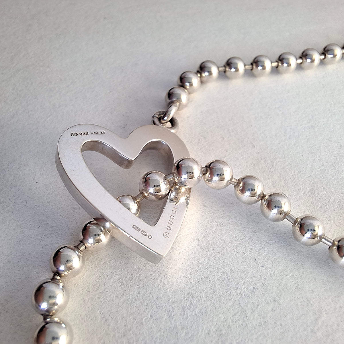 Gucci Love Heart Toggle Clasp Boule Bead Necklace in Hallmarked Sterling Silver