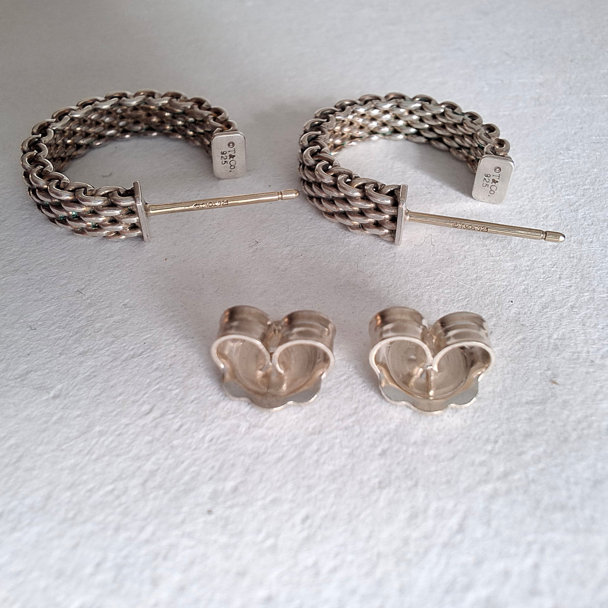 Vintage Tiffany & Co Somerset Sterling Silver Mesh 4mm Hoop Earrings