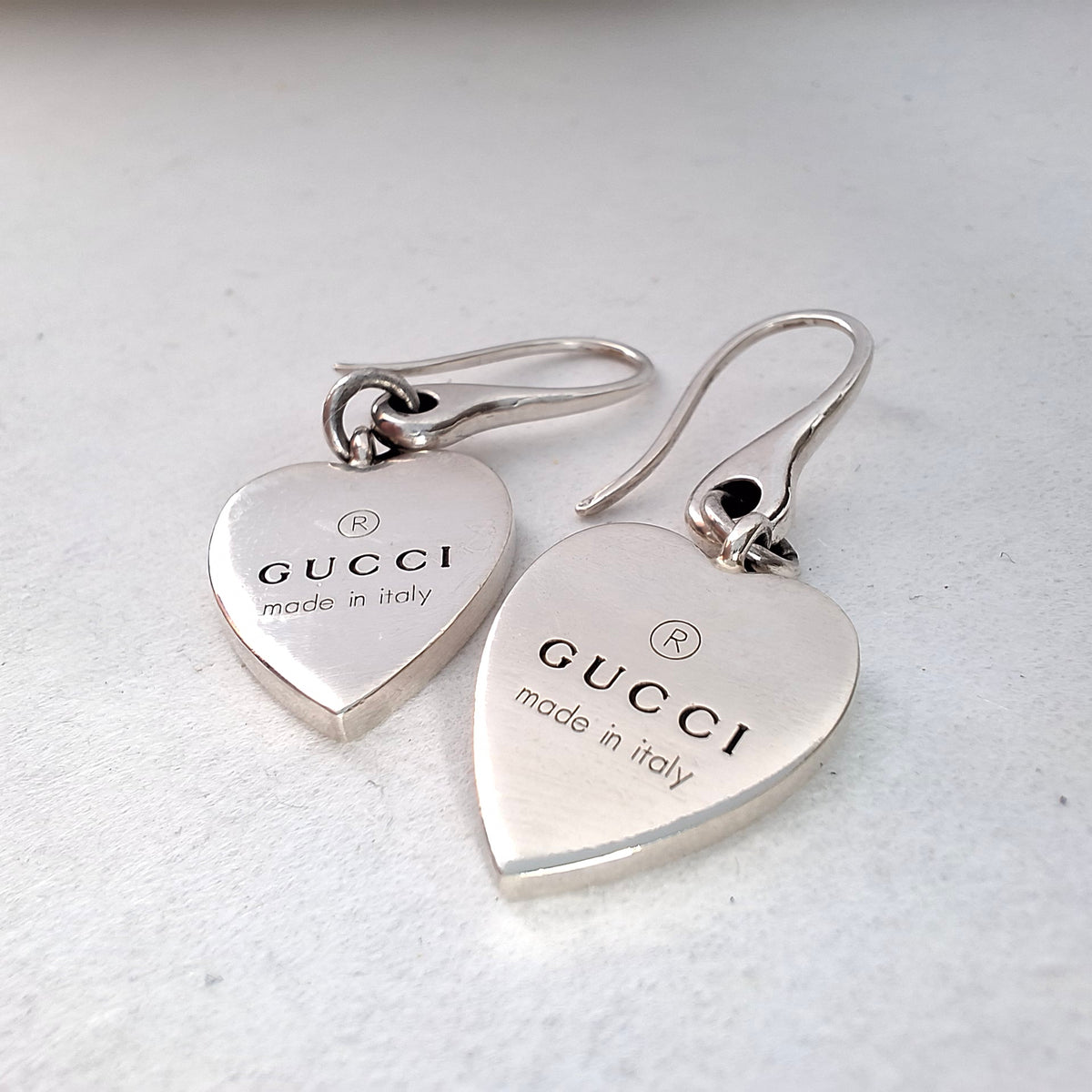 Gucci Logo Trademark Dangle Drop Heart Earrings in Sterling Silver