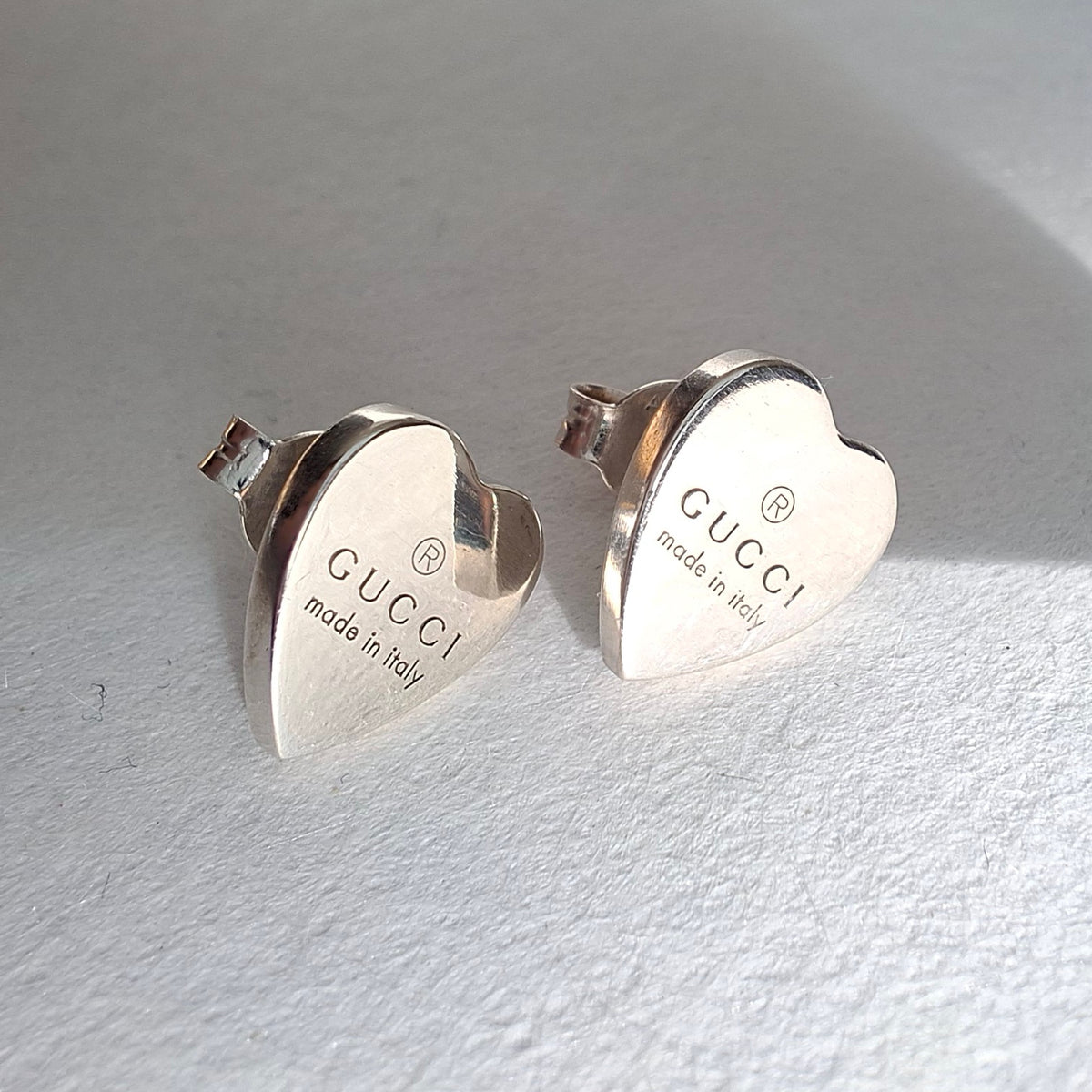 Gucci Trademark Logo Heart Stud Earrings in Sterling Silver