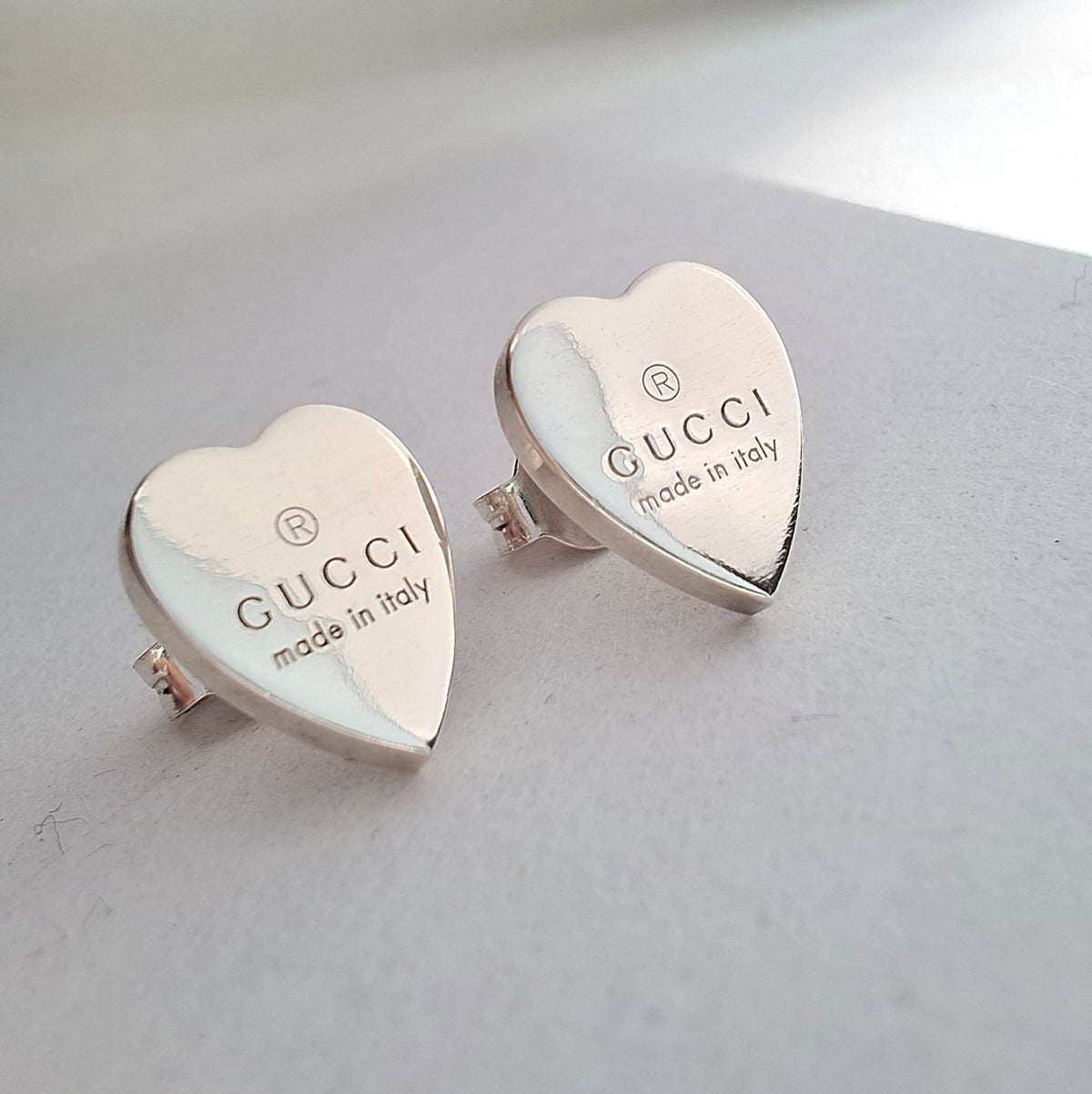 Gucci Trademark Logo Heart Stud Earrings in Sterling Silver
