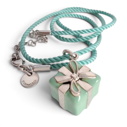 Tiffany & Co Blue Enamel Present Box Charm on Cord Necklace