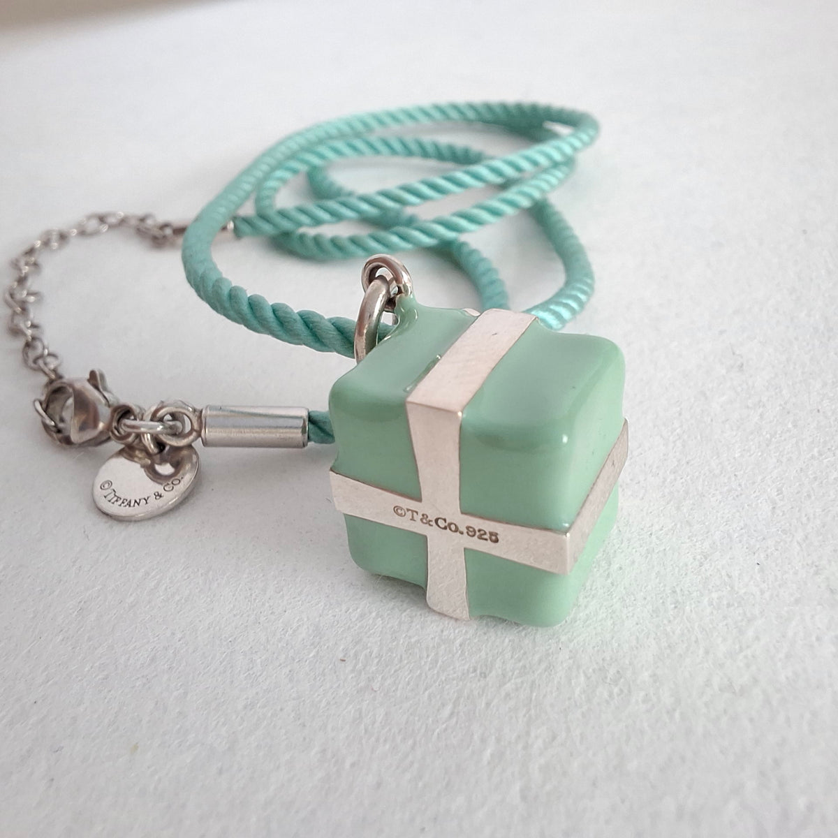 Tiffany & Co Blue Enamel Present Box Charm on Cord Necklace