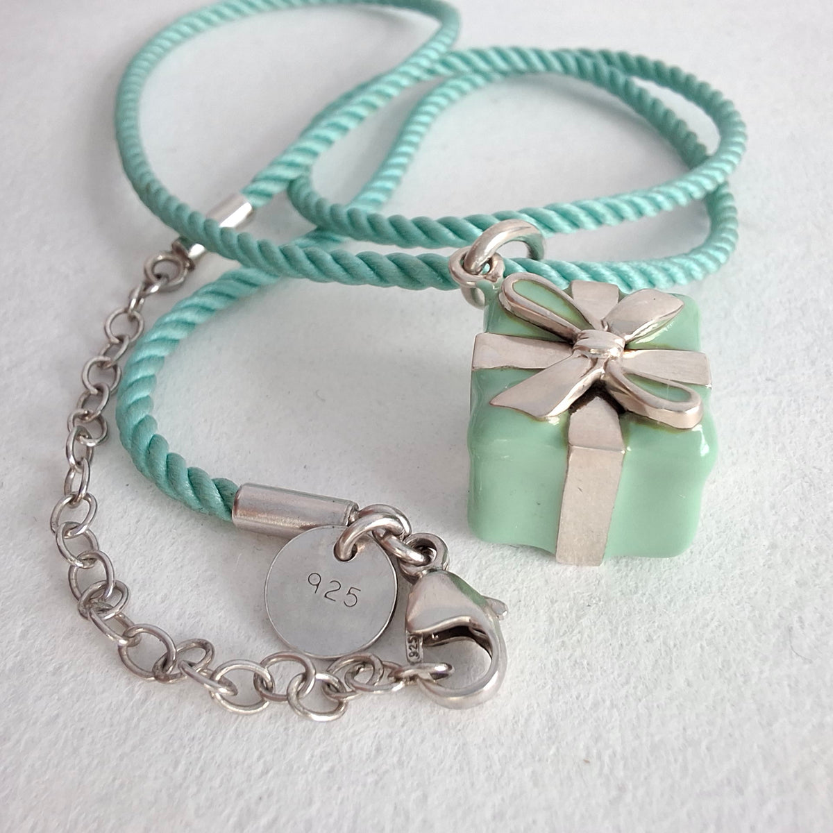 Tiffany & Co Blue Enamel Present Box Charm on Cord Necklace