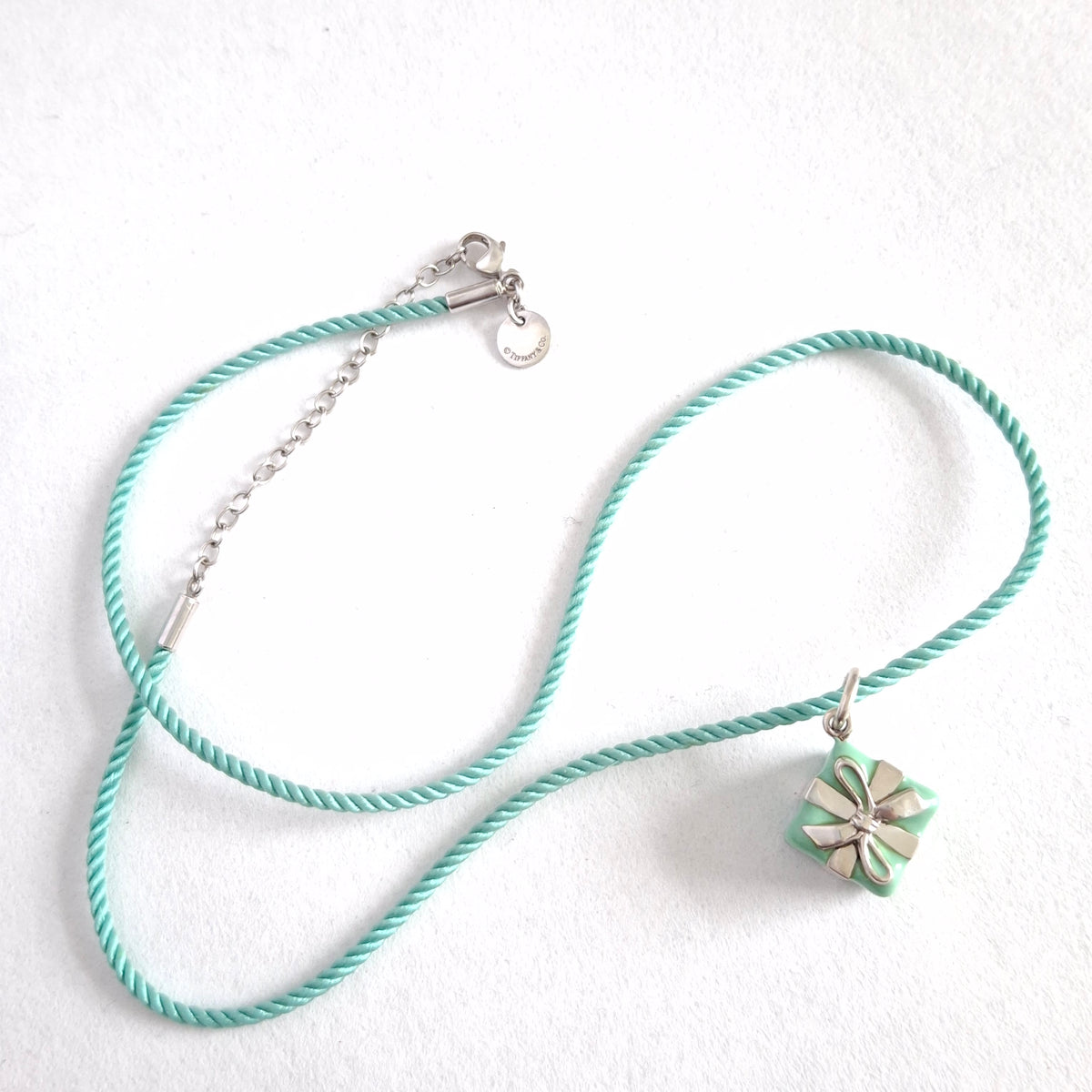 Tiffany & Co Blue Enamel Present Box Charm on Cord Necklace