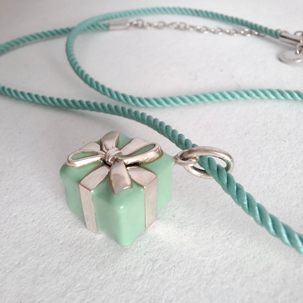 Tiffany & Co Blue Enamel Present Box Charm on Cord Necklace