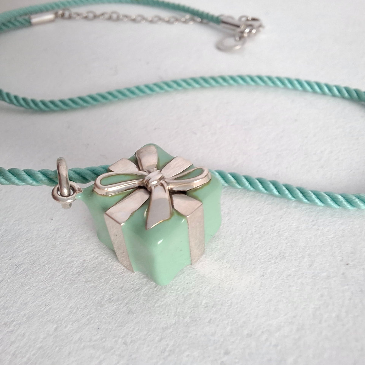 Tiffany & Co Blue Enamel Present Box Charm on Cord Necklace