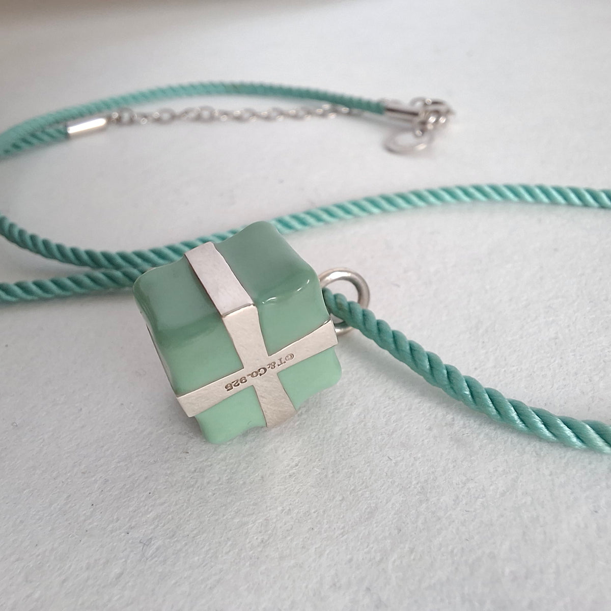 Tiffany & Co Blue Enamel Present Box Charm on Cord Necklace