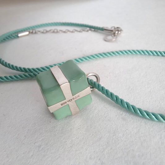 Tiffany & Co Blue Enamel Present Box Charm on Cord Necklace
