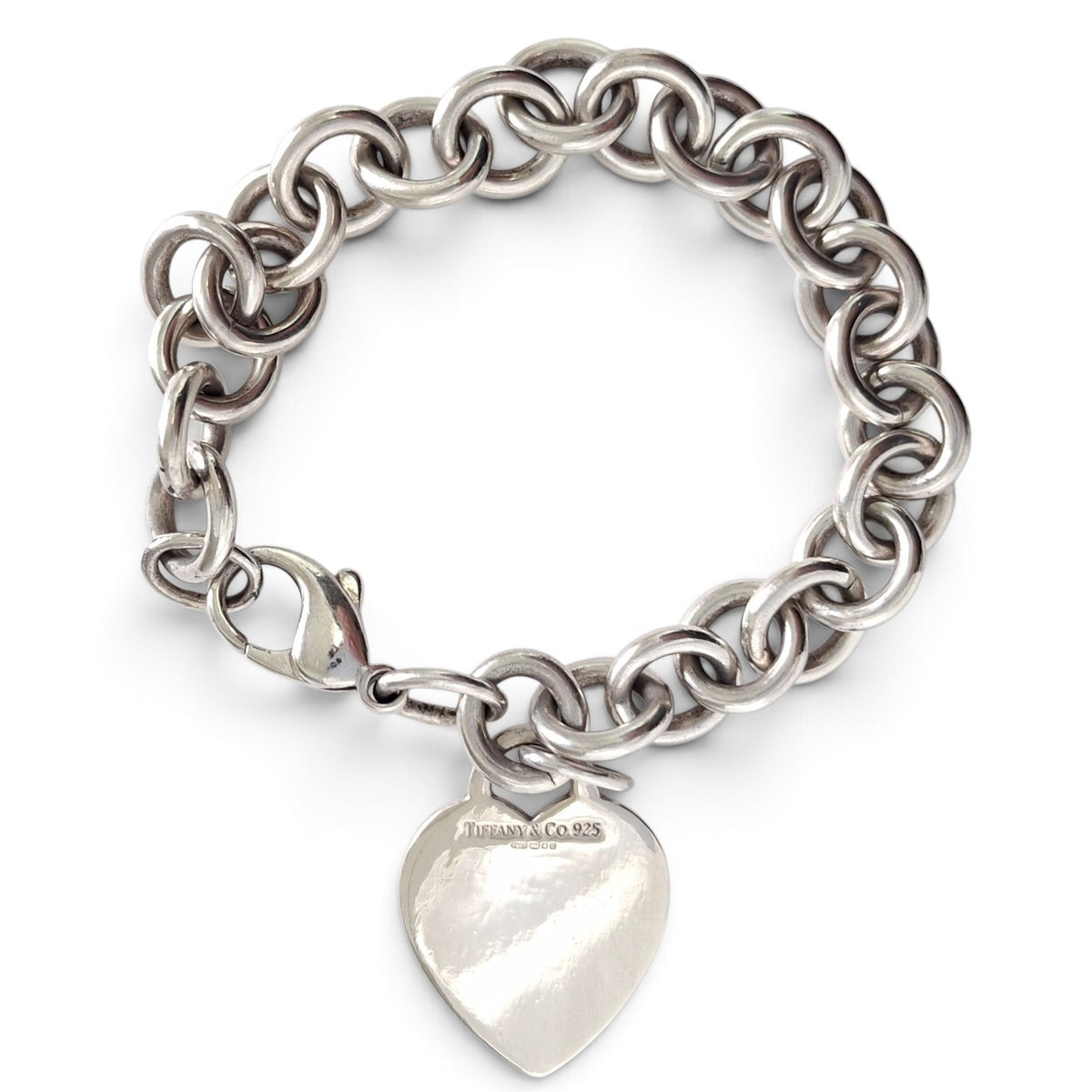 Vintage Hallmarked Sterling Silver Plain Heart Tag Charm Bracelet by Tiffany & Co