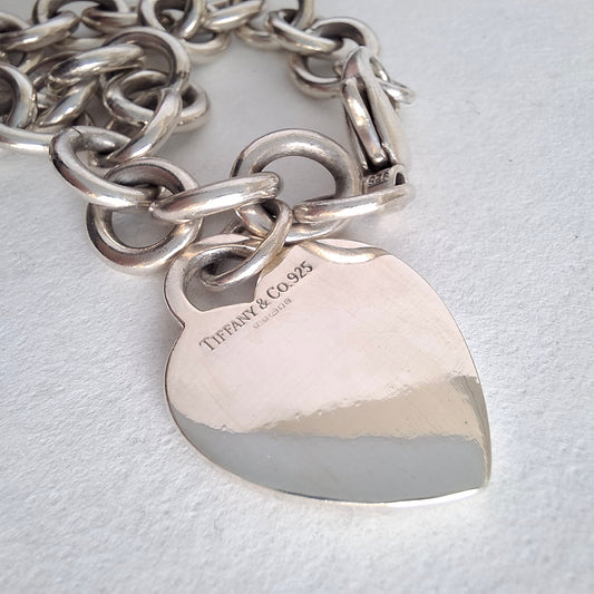 Vintage Hallmarked Sterling Silver Plain Heart Tag Charm Bracelet by Tiffany & Co