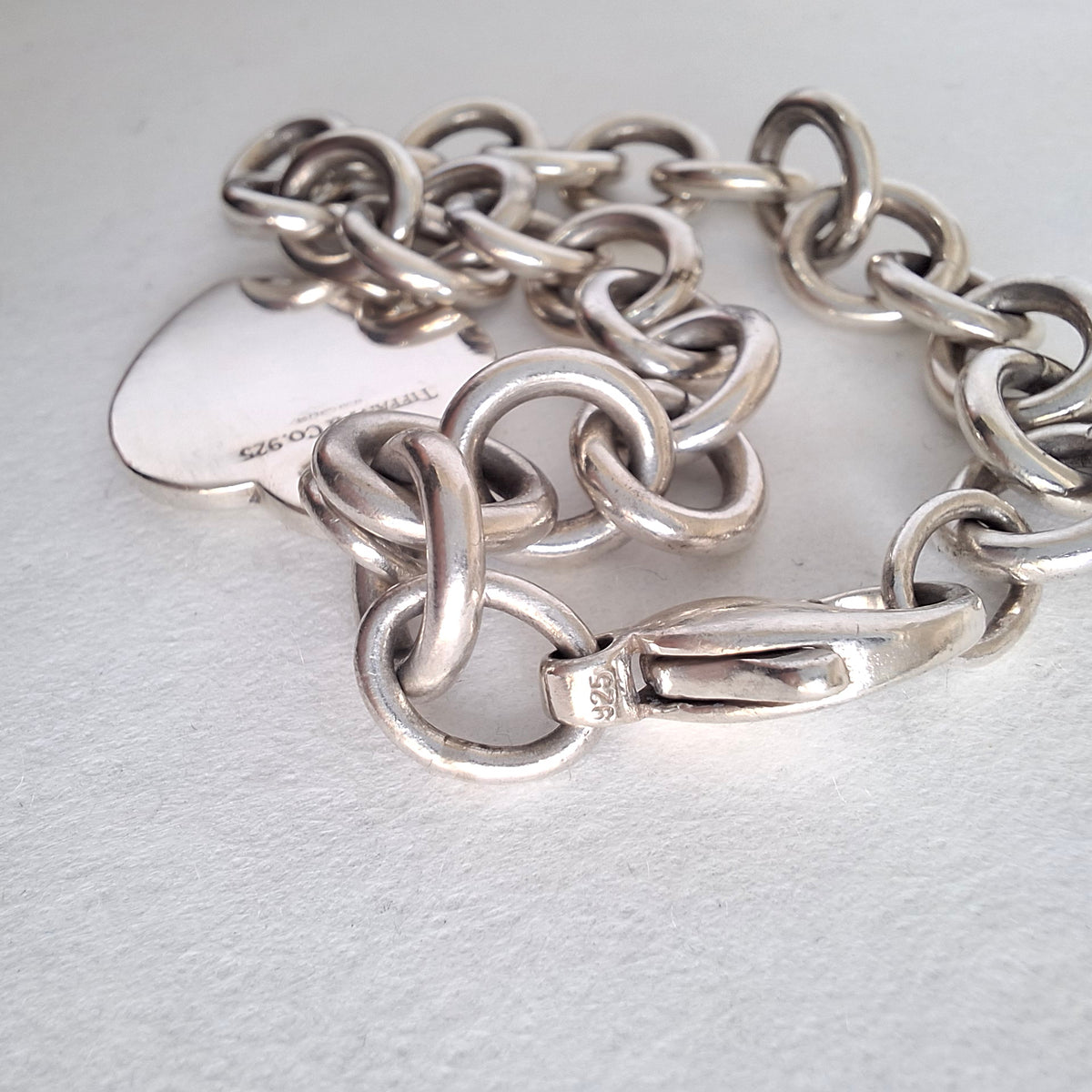 Vintage Hallmarked Sterling Silver Plain Heart Tag Charm Bracelet by Tiffany & Co