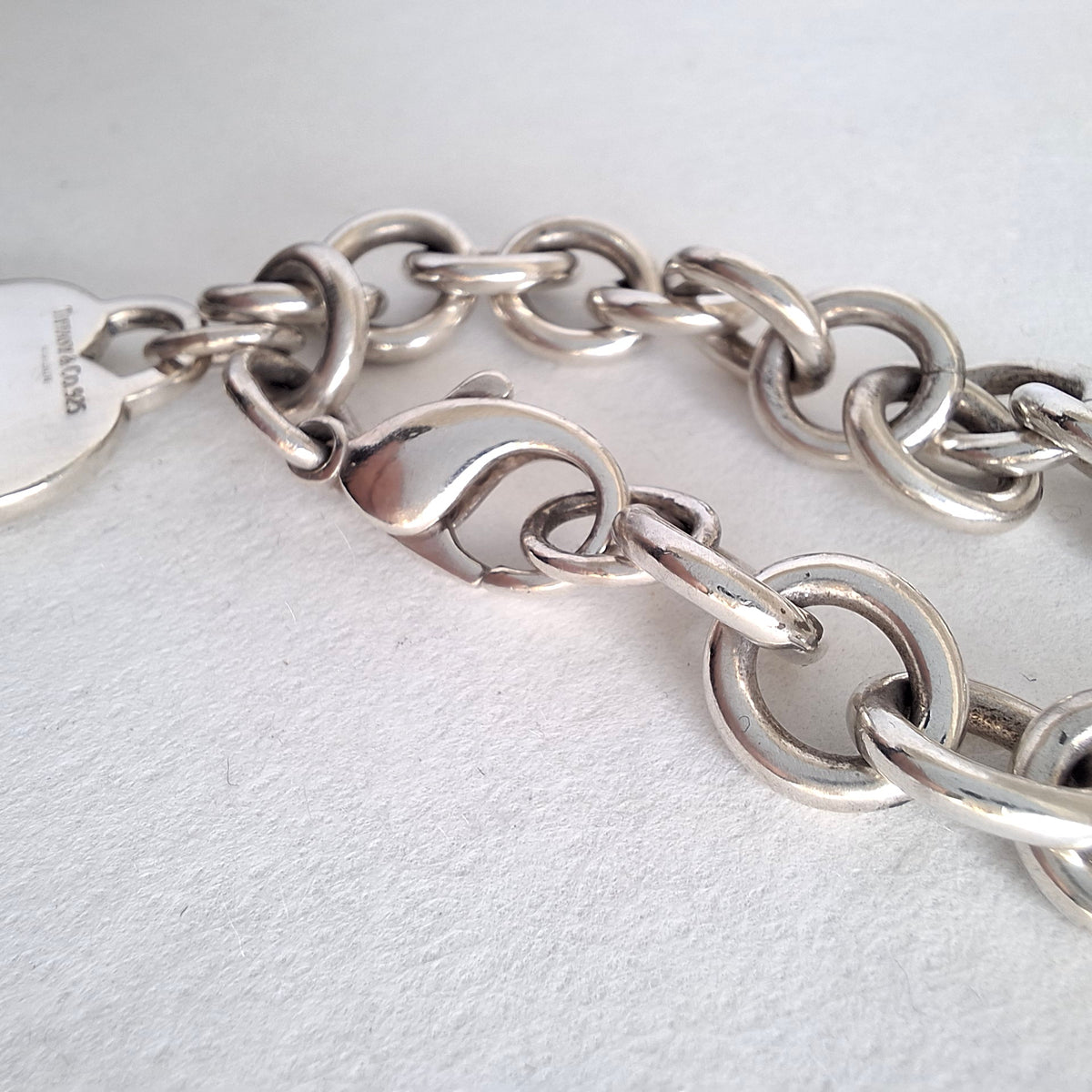 Vintage Hallmarked Sterling Silver Plain Heart Tag Charm Bracelet by Tiffany & Co