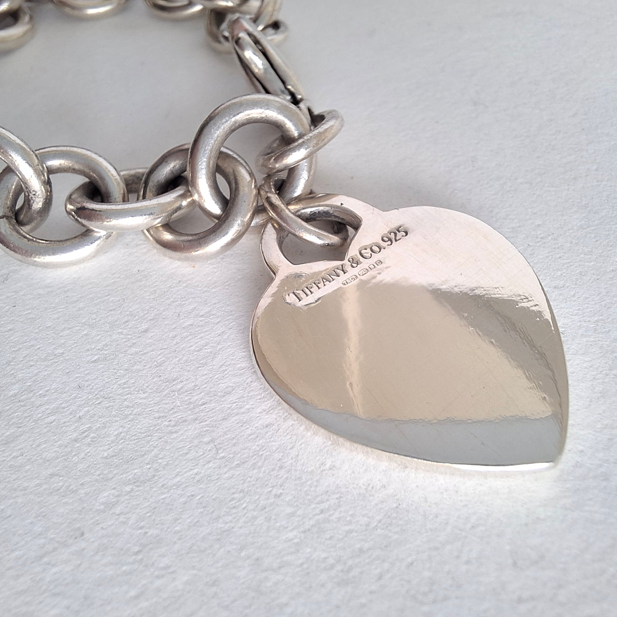 Vintage Hallmarked Sterling Silver Plain Heart Tag Charm Bracelet by Tiffany & Co