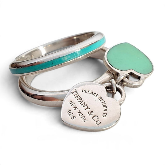 Return to Tiffany & Co Double Heart Tag Blue Enamel Stacking Rings in Sterling Silver