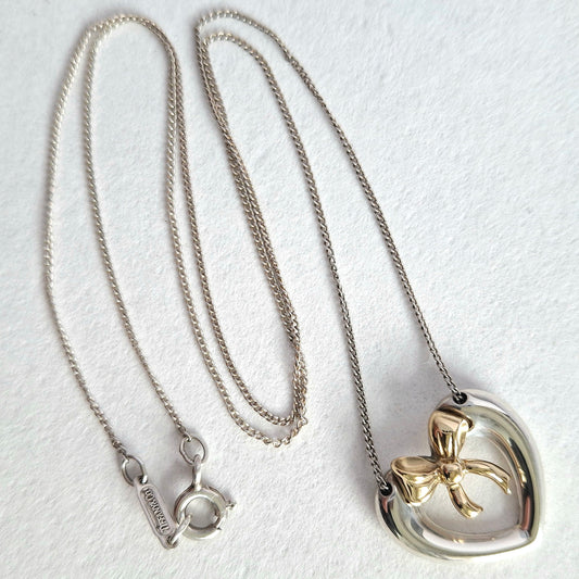 Vintage Tiffany & Co Sterling Silver Love Heart Pendant Necklace Inset with 18k Gold Ribbon Bow