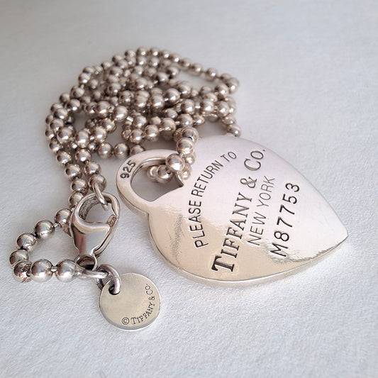 Vintage Return to Tiffany & Co Beaded Necklace with Large Heart Tag Charm in Hallmarked Sterling Silver