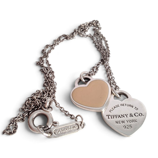 Return to Tiffany & Co Double Mini Heart Tag Necklace Pink Enamel Sterling Silver