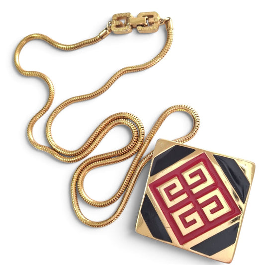 Vintage 1977 Givenchy Red Black & Gold Enamel Pendant Necklace
