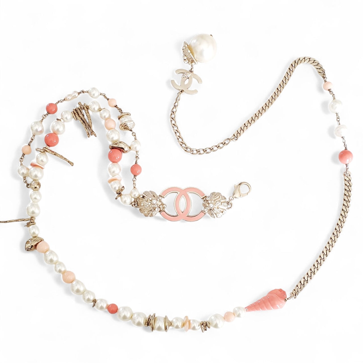 Preloved Chanel Pink Coral & Pearl Silver Chain Belt