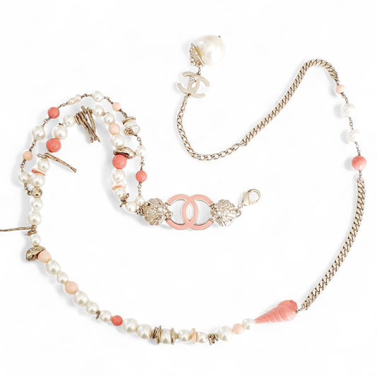 Preloved Chanel Pink Coral & Pearl Silver Chain Belt
