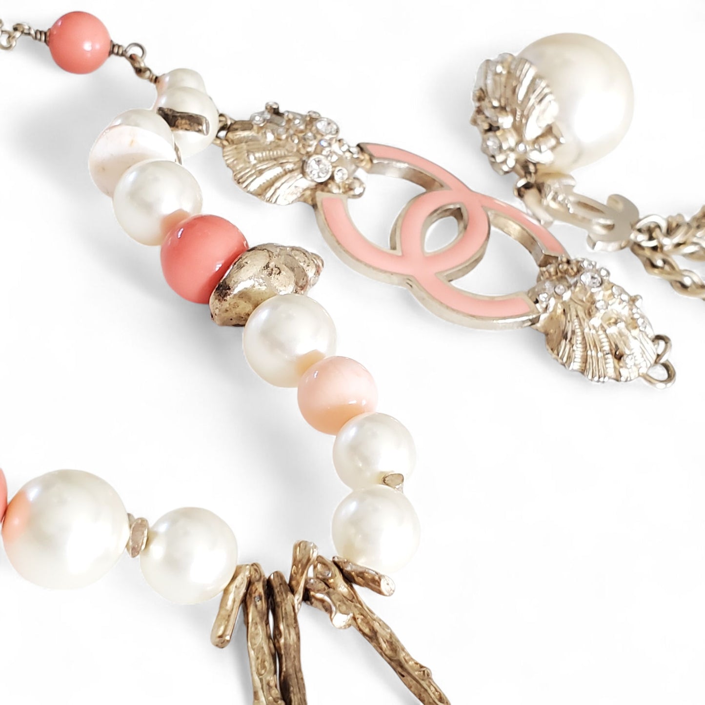 Preloved Chanel Pink Coral & Pearl Silver Chain Belt