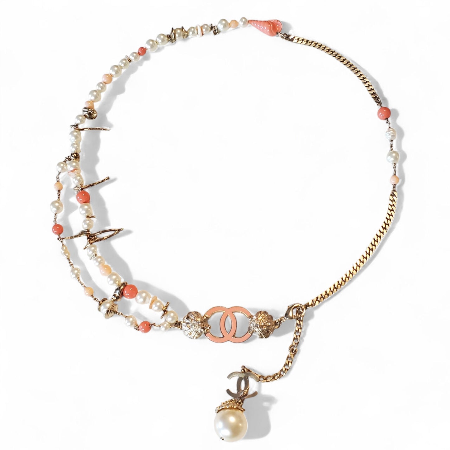 Preloved Chanel Pink Coral & Pearl Silver Chain Belt