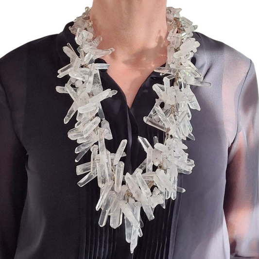 Massive Vintage 1990s Raw Quartz Crystal & Sterling Silver Runway / Statement Necklace